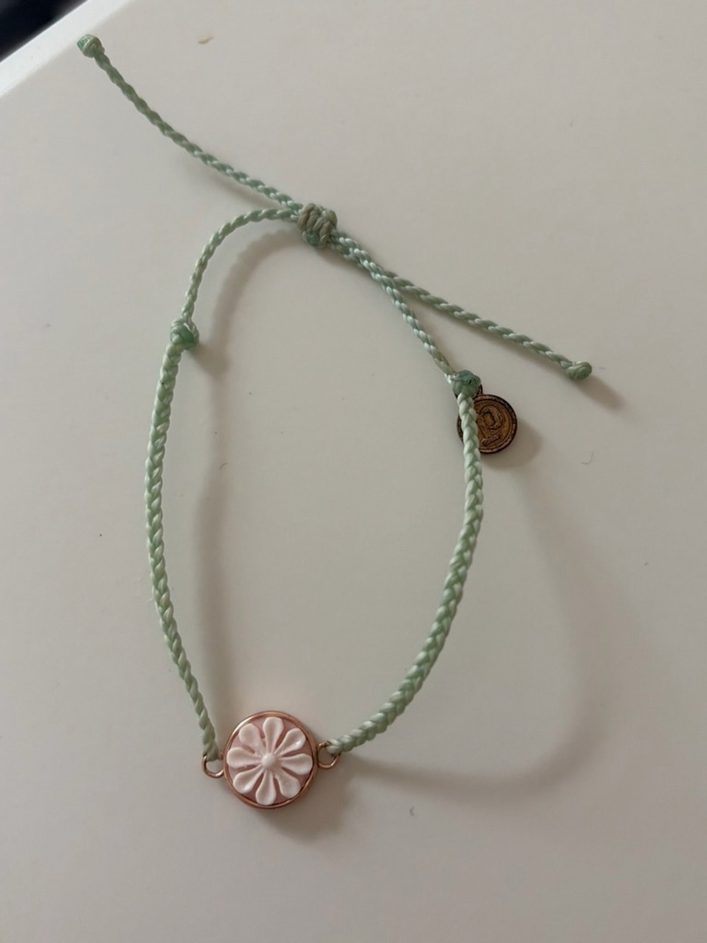 Puravida Bracelet Delicate Mint Braided Cord Bracelet with Pink Flower Charm